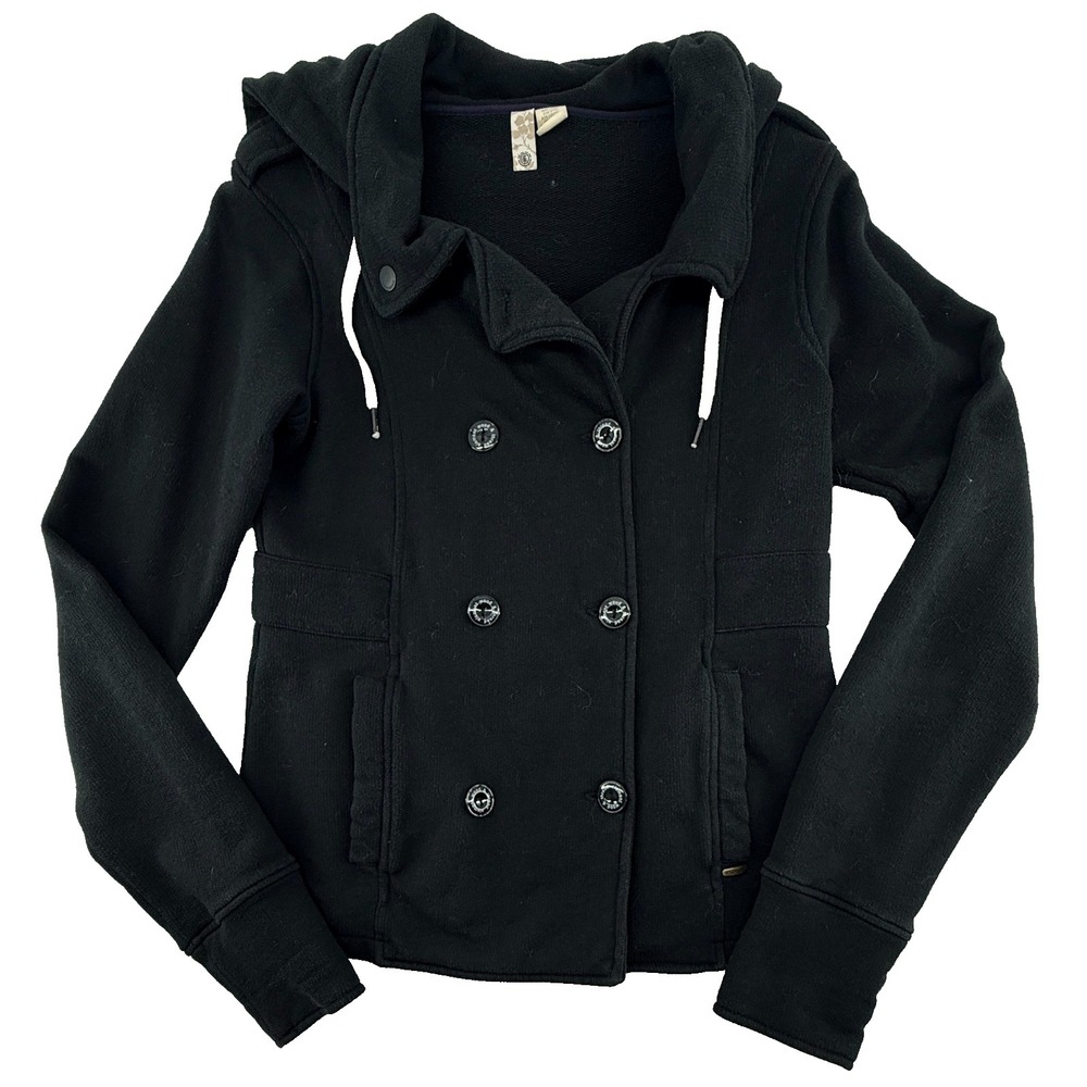 Element Womens Hooded Peacoat Jacket Large Black Double Breasted Fleece Coat